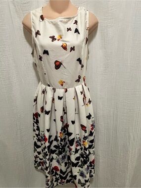 Sleeveless White Butterfly Print Fit-and-Flare Dress